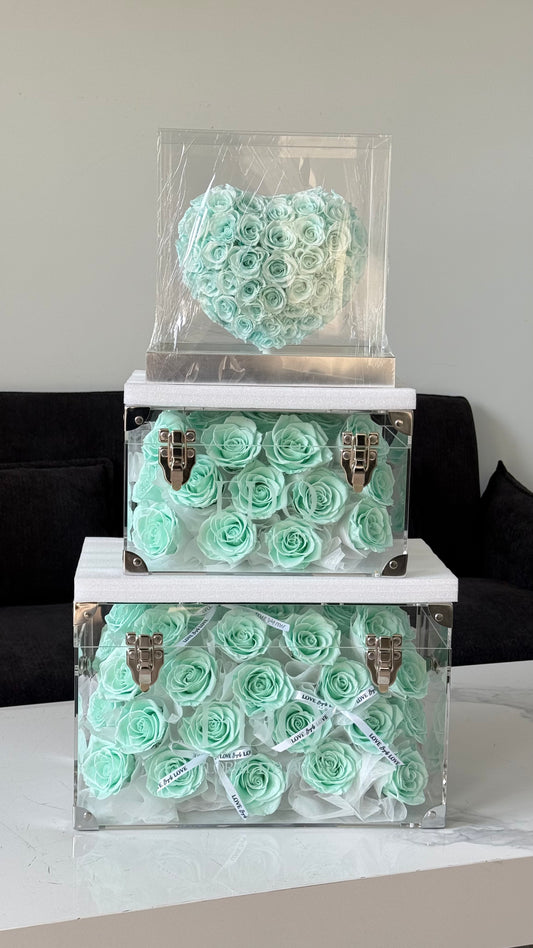 Preserved Flower Gift Box with 3D Heart in Tiffany Blue Suitcase