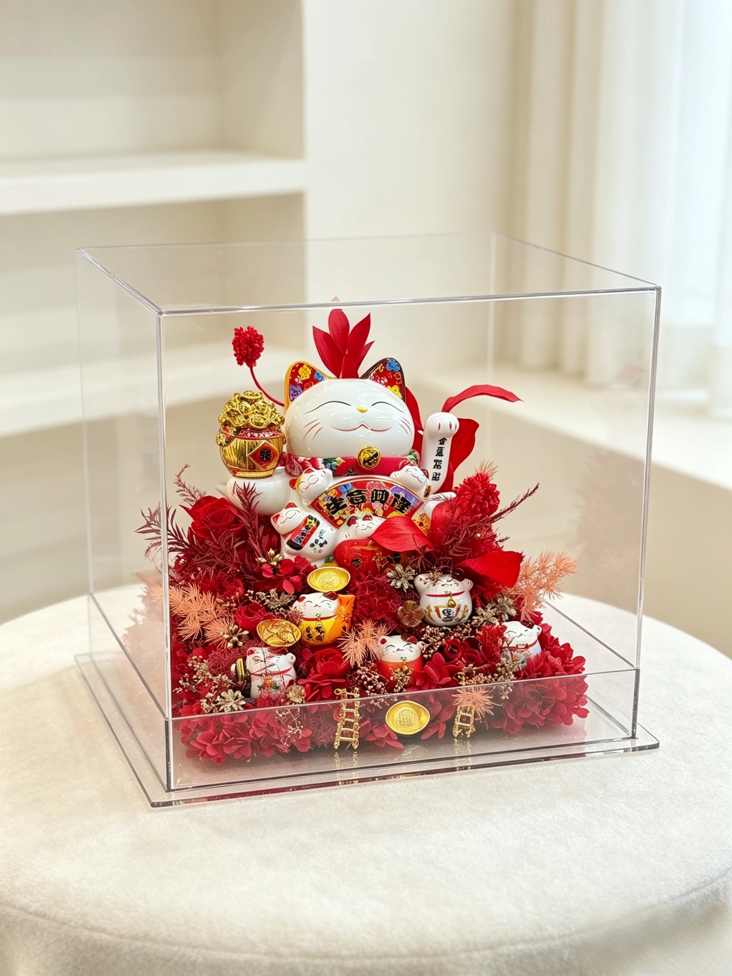 Maneki Neko Preserved Flower Gift Box for Business Opening
