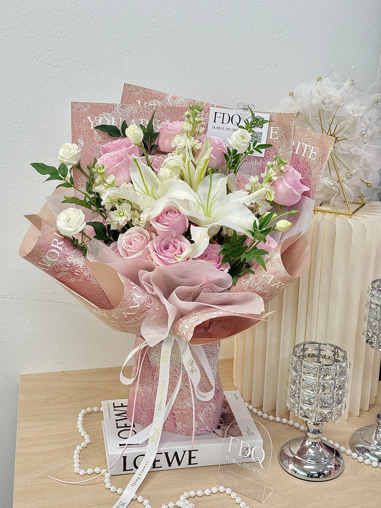 Bouquet with 19 Pink Roses, Lilies and Platycodon Grandiflorum