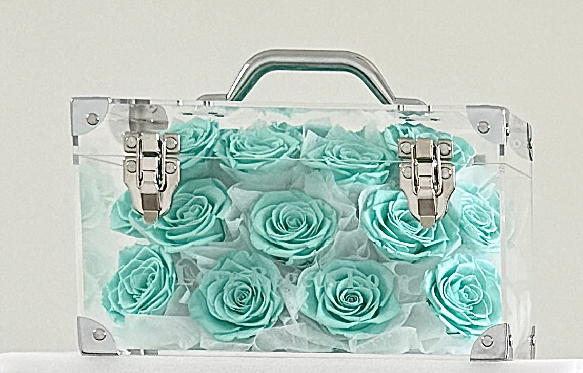 Preserved Flower Gift Box with 3D Heart in Tiffany Blue Suitcase
