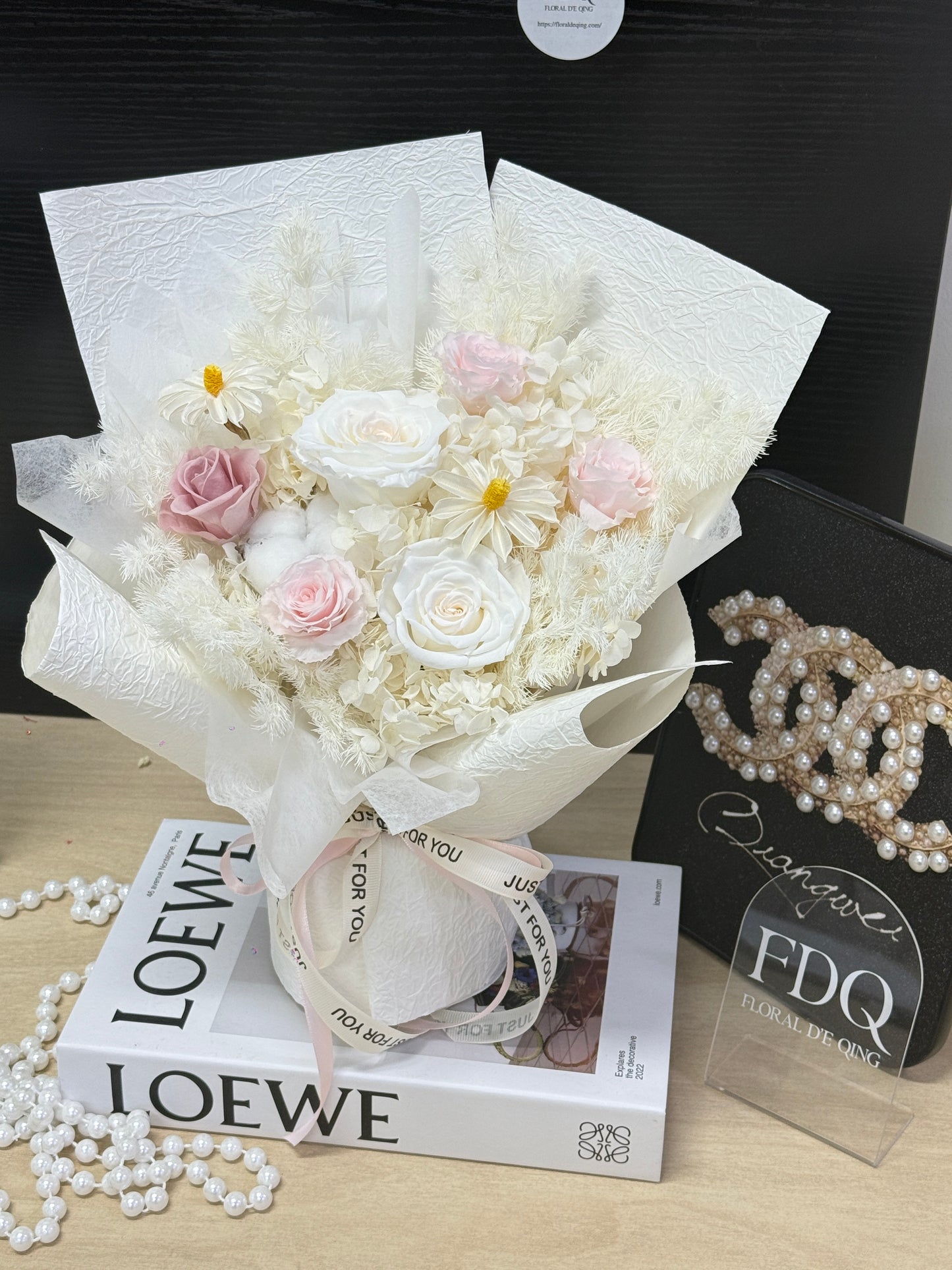 Milk White & Soft Pink Preserved Flower Bouquet