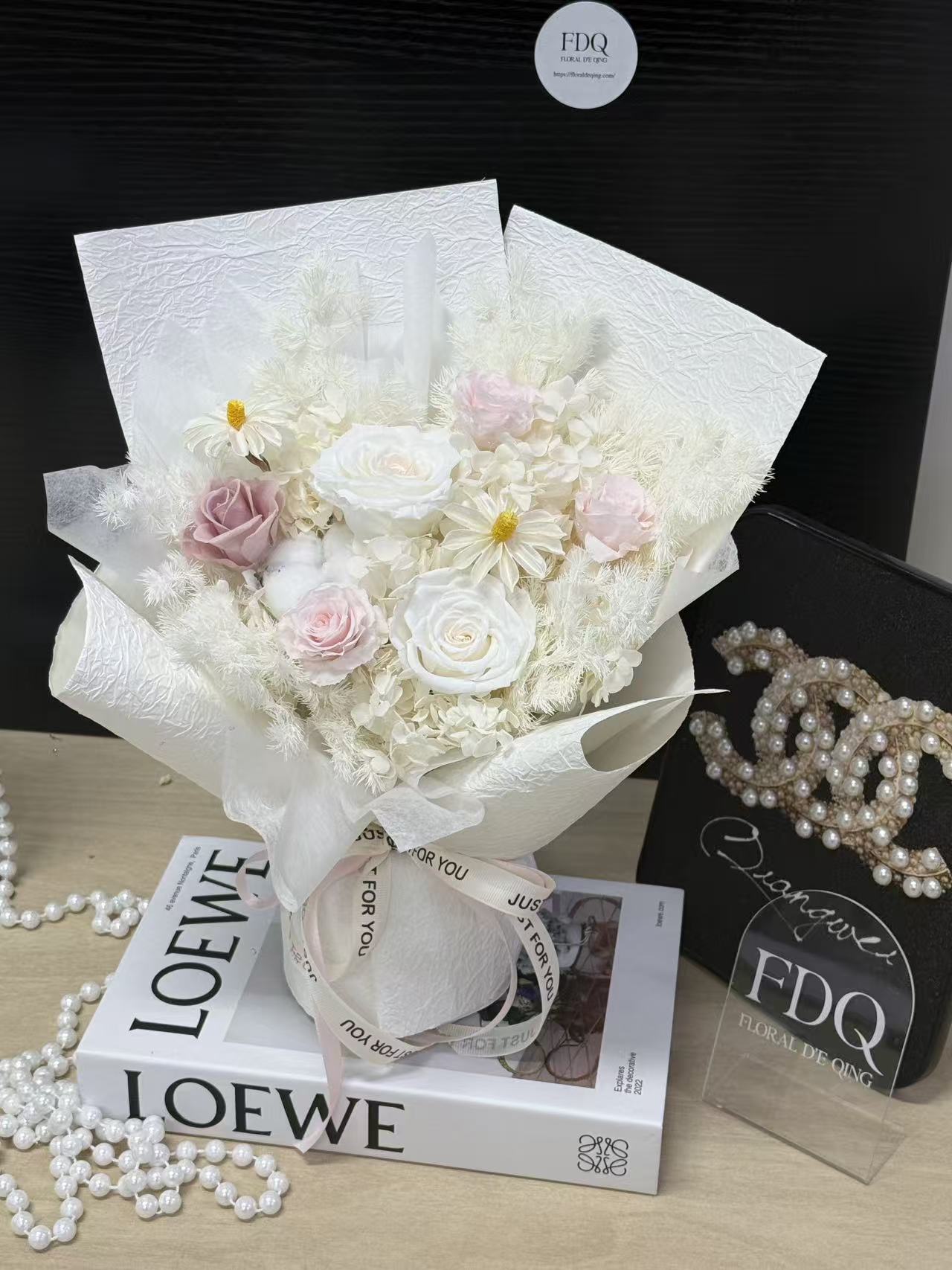 Milk White & Soft Pink Preserved Flower Bouquet