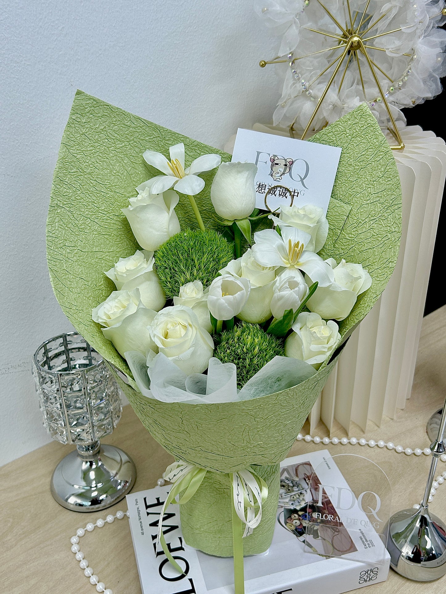 Forest-style Bouquet with White Roses, Green Billy Balls & Tulips